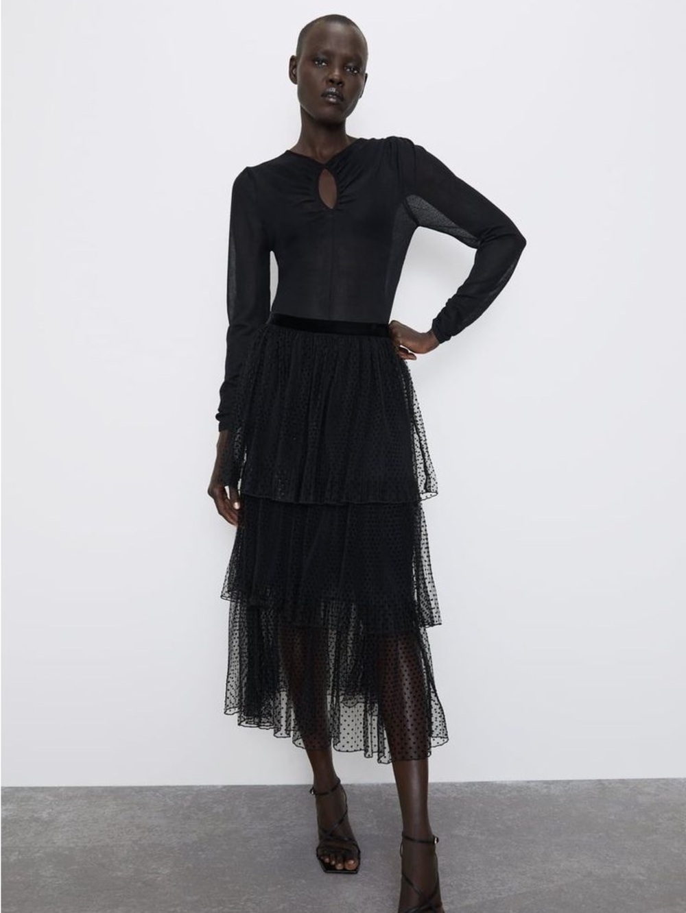 Zara Black Swiss Dot Tulle Tiered Pull-on Midi Skirt - XL